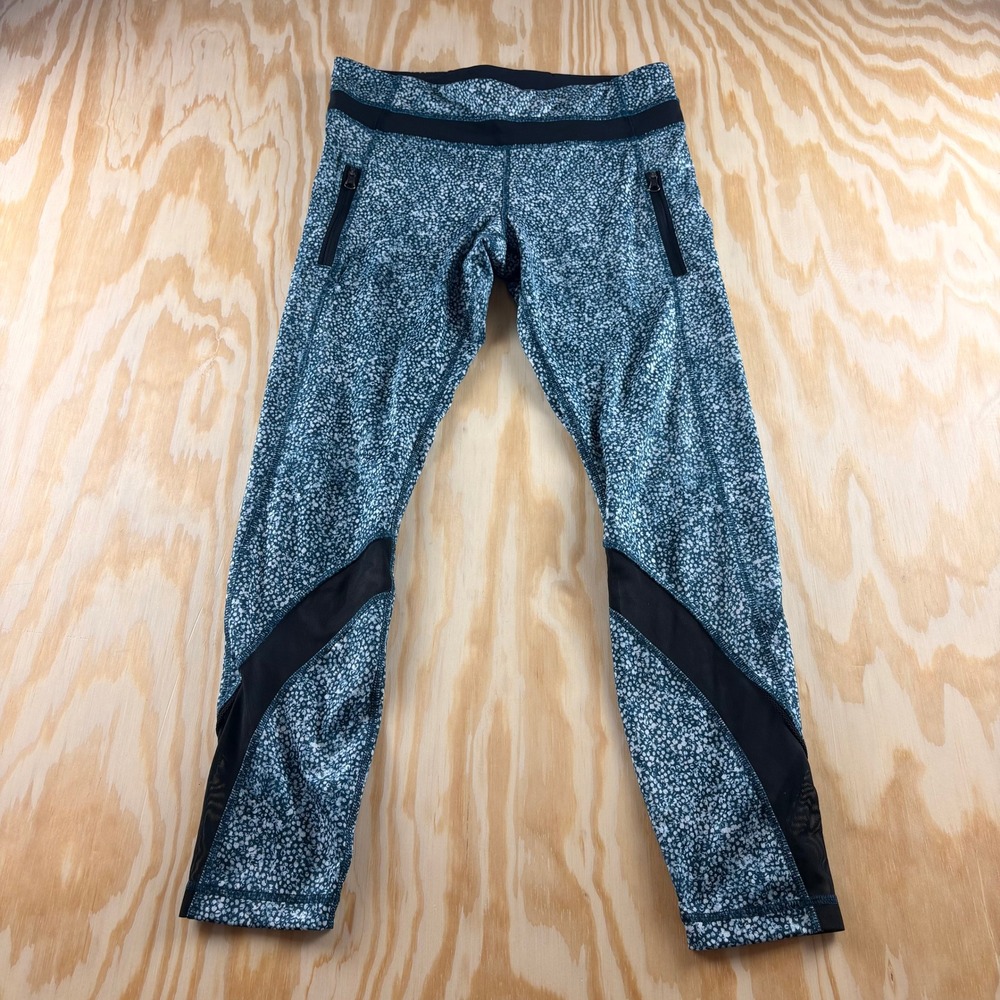 Lululemon Blue White Speckled Mesh Panel Leggings Size‎ 8 Zipper Pockets Yoga